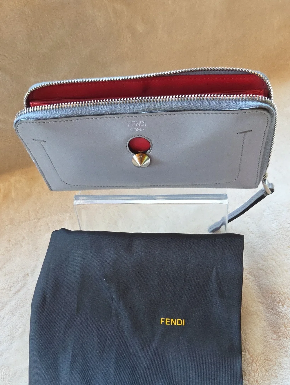 Fendi Light Gray Leather Zip Wallet with Coral Accent Button